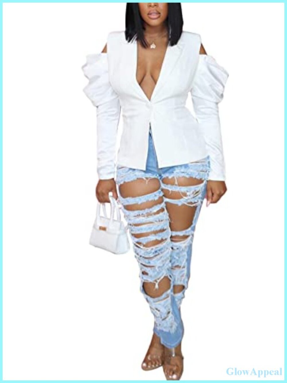 Casual Open Front Puff Sleeve Blazer Suit Jacket Cold Shoulder V-Neck Button
